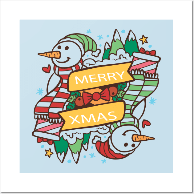 Merry Xmas Snowman Hand Drawn Wall Art by Mako Design 